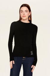 Women Ribbed Wool Sweater Black front worn view