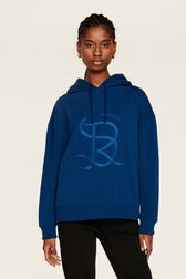 Women Cotton Jersey Hoodie Prussian blue front worn view