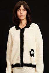 Veste coton tricoté col et finitions contrastantes femme Ecru vue de détail 2