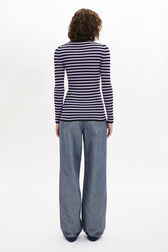 Striped Long-Sleeved Crew Neck Sweater Striped black/lilac back worn view