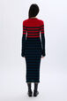 Striped knitted dress with stand-up collar Striped blue/red back worn view