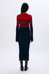 Striped knitted dress with stand-up collar Striped blue/red back worn view