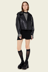 Women Short Leather Black Jacket Black front worn view