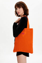 Women Heart Print Crochet Bag Coral front worn view