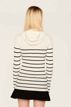 Hoodie laine côtelée femme Raye noir/ecru vue portée de dos