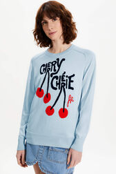 Women Cherry Print Sweater Baby blue details view 1