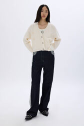 Cable-knit woolen cardigan Ecru front worn view