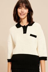 Polo oversize coton tricoté finitions contrastantes femme Ecru vue portée de face