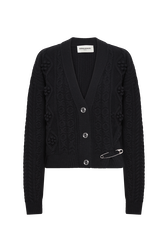 Cable-knit woolen cardigan Black front view