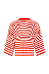 Short striped sweater with round neck and short sleeves Tangerine/white stripe back view