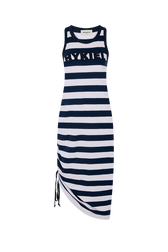 Long striped strap dress with a round neckline Striped white/blue front view