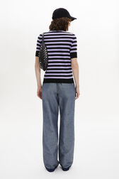 Striped Short-Sleeved Crew Neck Sweater Striped black/lilac back worn view