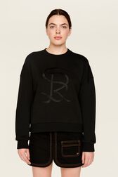 Women Plain Crewneck Sweater Black front worn view