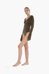 Women Velvet Body Striped black/khaki front worn view