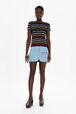 Women Picot Multicolor Striped T-Shirt Multico black striped front worn view