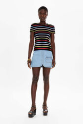 T-shirt picots rayé multicolore femme Multico raye noir vue portée de face