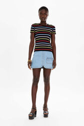 Women Picot Multicolor Striped T-Shirt Multico black striped front worn view