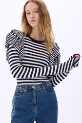 Pull manches longues rayé à volants Raye blanc / bleu vue de détail 1