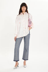 Classic satin shirt with mouth motif print Ecru lips front worn view