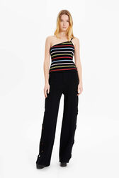 Women Multicolor Striped Asymmetrical Tank Top Multico black striped front worn view