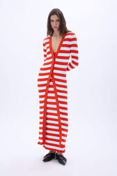 Cardigan rayé long à côtes col V à manches longues Rayures tangerine/blanc vue portée de face