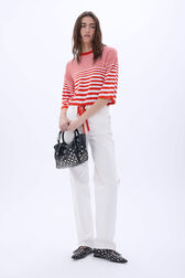 Short striped sweater with round neck and short sleeves Tangerine/white stripe details view 3