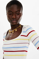 Women Picot Multicolor Striped Open Neck T-Shirt Multico white striped details view 2