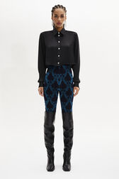 Baroque Print High-Waisted Velvet Leggings Blue front worn view