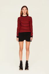 Women Brushed Poor Boy Striped Sweater Black/red front worn view