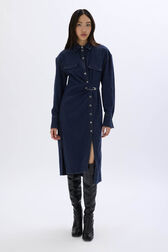 Cotton flannel shirt dress Blue front worn view