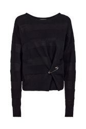Pull col rond à manches longues en crochet coton ajouré Noir vue de face