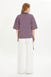Striped short-sleeved crew-neck T-shirt Pink/black back worn view