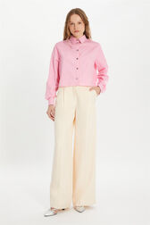 Pinstripe pleated trousers Ecru/pink front worn view
