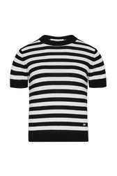 Women Poor Boy Striped Short Sleeve Sweater Black/white front view