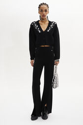 Cardigan col V cabochon strass maille femme Noir vue portée de face