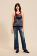 Women Striped Contrast Neckline Tank Top Black/blue front worn view