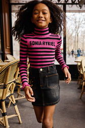 Sonia Rykiel Logo Striped Knitted Turtleneck Sweater Fuchsia front worn view