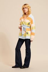 Cardigan ceinturé rayé multicolore pastel femme Multico vue portée de face