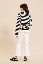 Pull vareuse col V femme Raye noir/bleu vue portée de dos