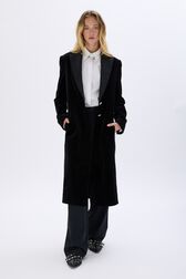 Long velvet coat Black front worn view