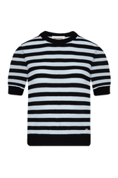 Women Poor Boy Striped Short Sleeve Sweater Striped black/bby blue front view