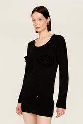 Women Flowers Ribbed Short Dress Black details view 1