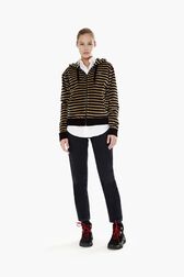 Pull à capuche velours femme Raye noir/kaki vue portée de face