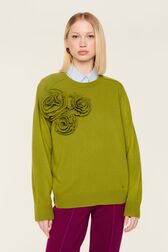 Women Wool Flowers Sweater Pistachio front worn view