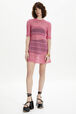 Women Striped Openwork Lace Short Dress Pink front worn view