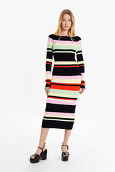 Women Multicolor Striped Maxi Dress Black front worn view