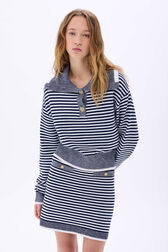 Pull camionneur marinière en coton mélangée Raye blanc / bleu vue de détail 1