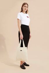 Women Heart Print Crochet Bag Ecru front worn view