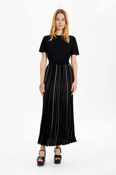 Women Multicolor Striped Long Pleated Skirt Black front worn view