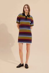 Women Multicolor Striped Oversize Polo Dress Black front worn view